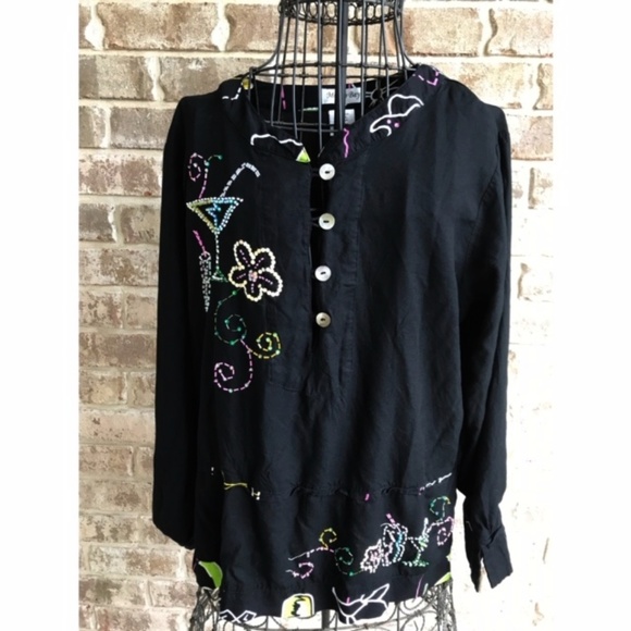 Mango Bay Beaded Black Blouse Cocktails Cruise - Picture 1 of 8